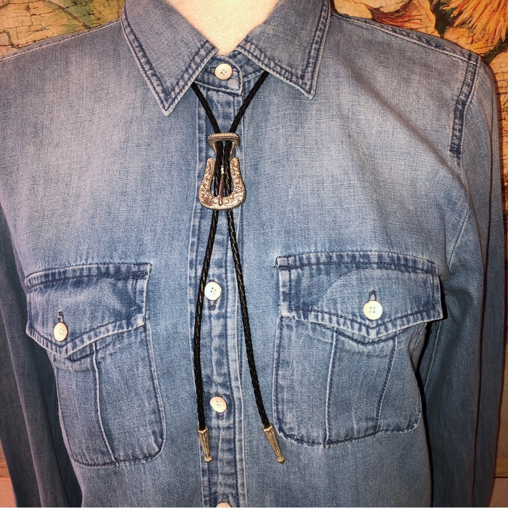 Western Silver Buckle & Keeper Bolo Tie on Black Leather Cord